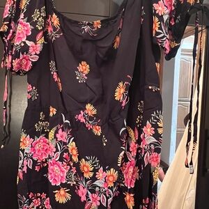 Floral Off-Shoulder Maxi /Romper in Black with Pink & Yellow Blooms